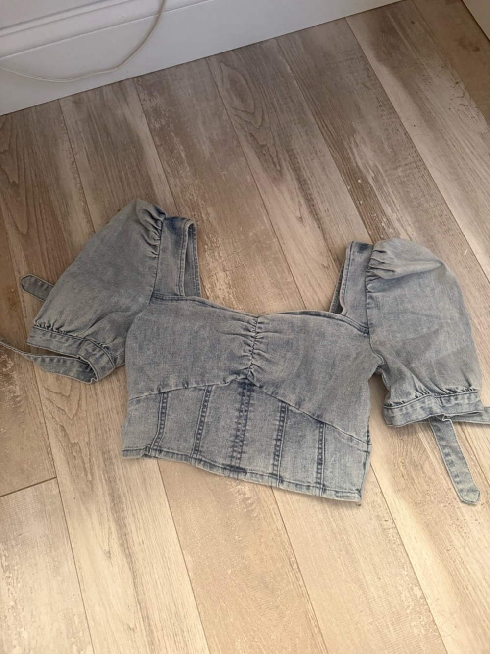 Adika Light Blue Denim Puff-Sleeve Cropped Top